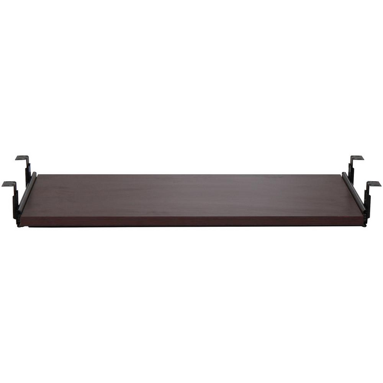 a brown shelf with metal hooks