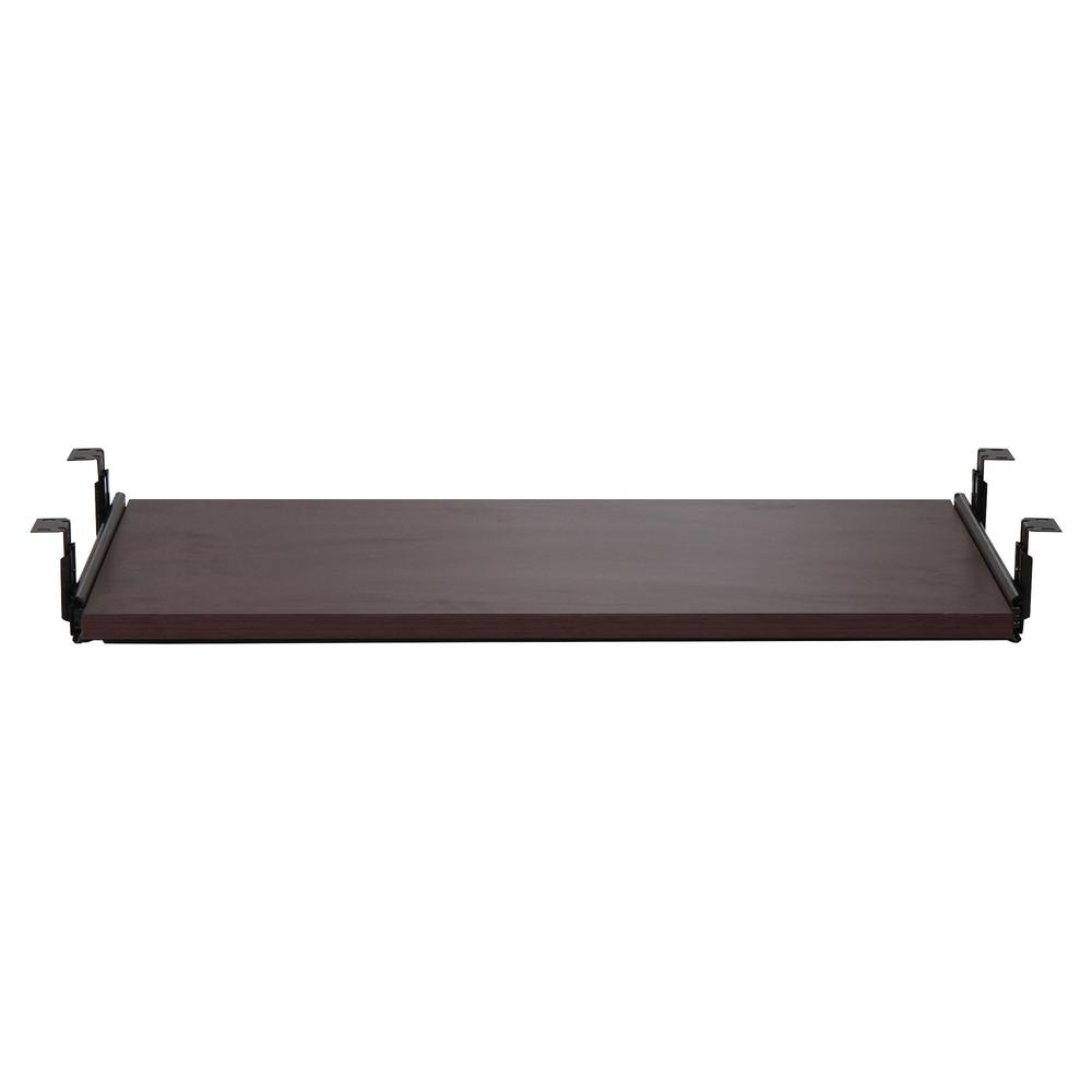 a brown shelf with metal brackets