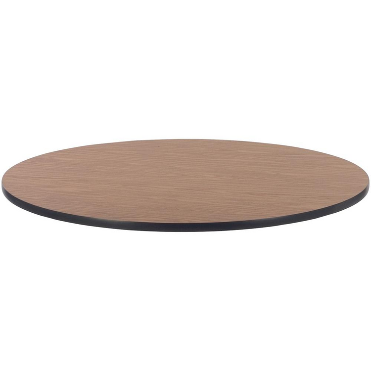 a round wooden table with a black edge