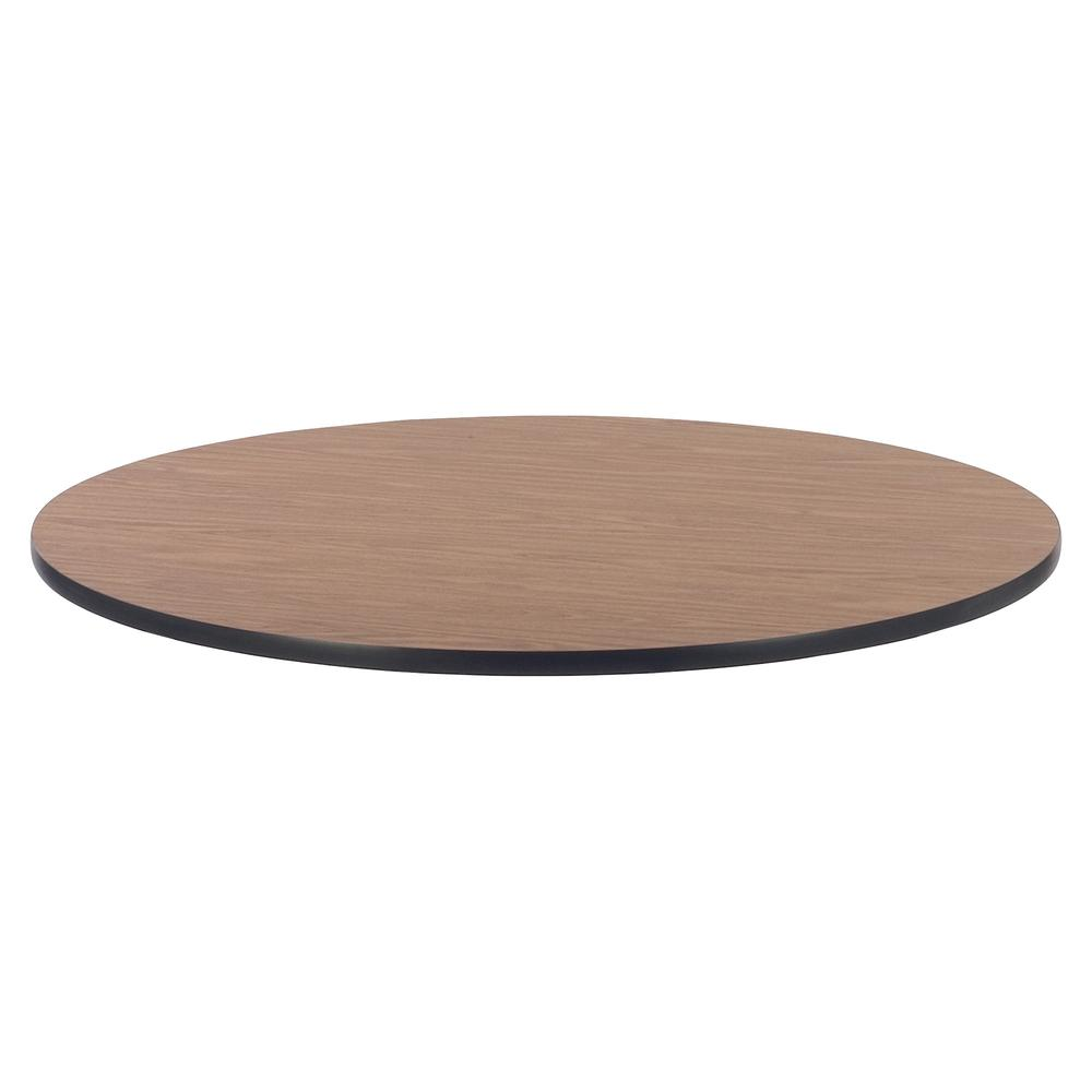 a brown circular table with black edge