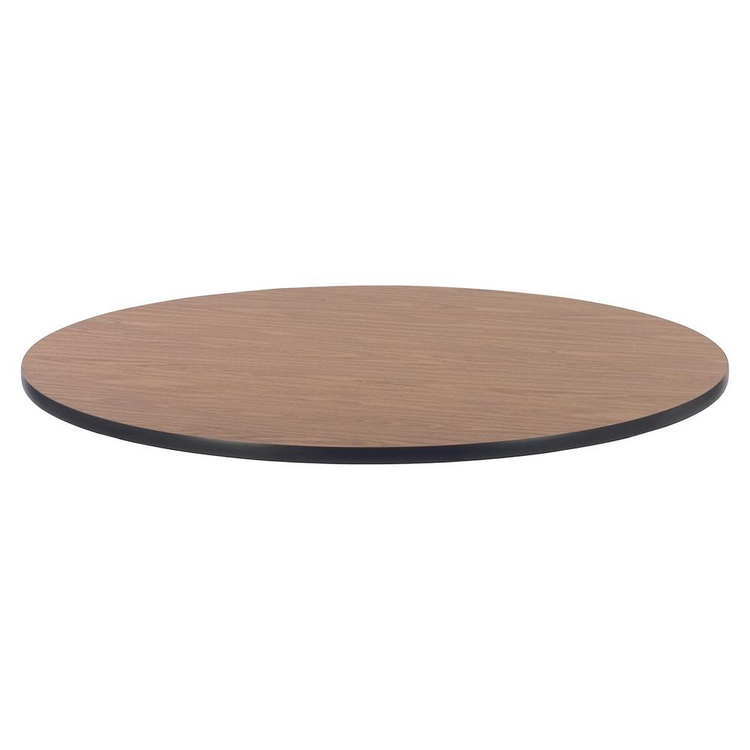 a brown circular table with black edge