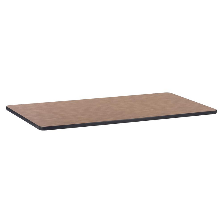 a rectangular brown table with black edge