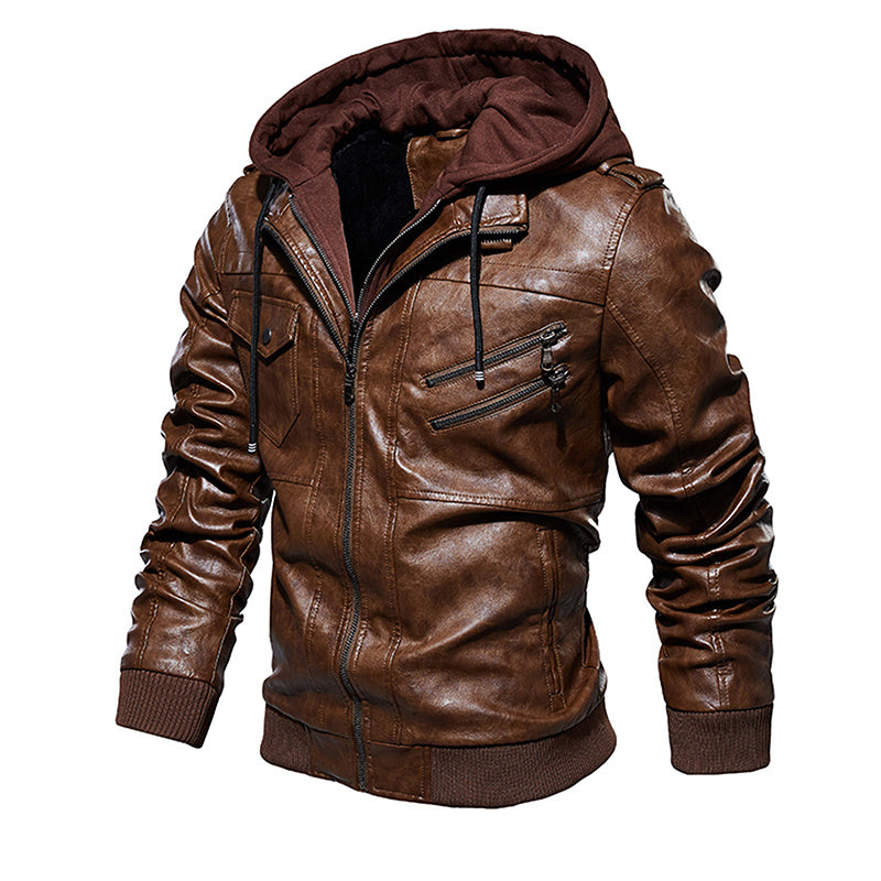 a brown leather jacket with a hood