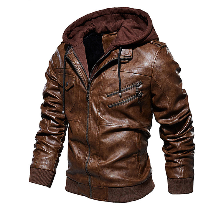 a brown leather jacket with a hood