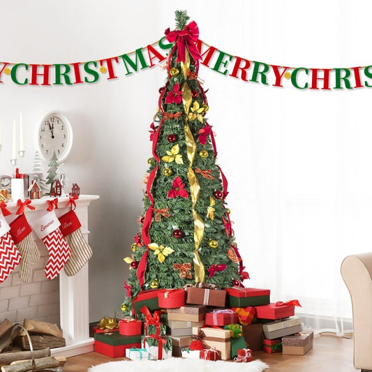 Prelit Full Pop Up Christmas Tree With Warm LED Lights, Gold And Red Ribbon, Bows, Balls Ornaments Easy Assemble Collapsible Xmas Trees Holiday Party Decor