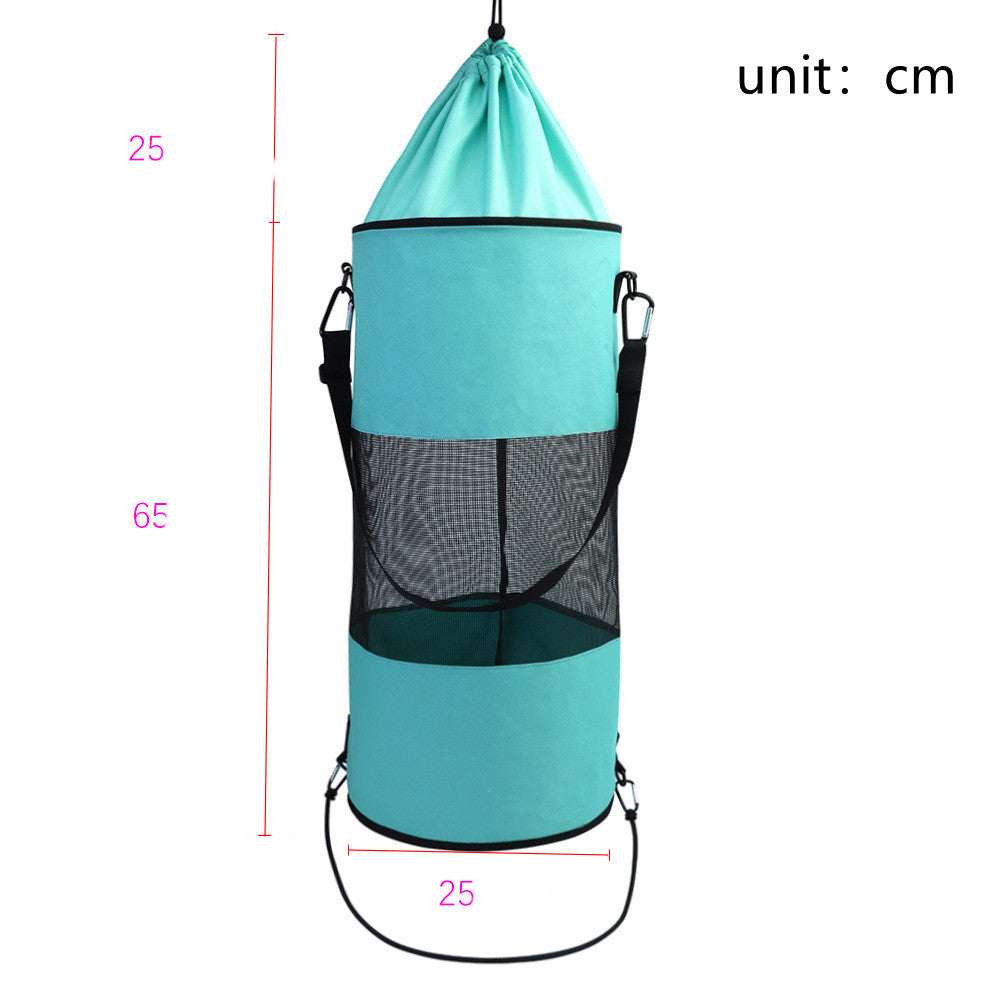 a blue bag with black handles
