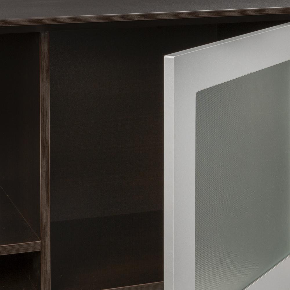a white door open to a dark brown shelf