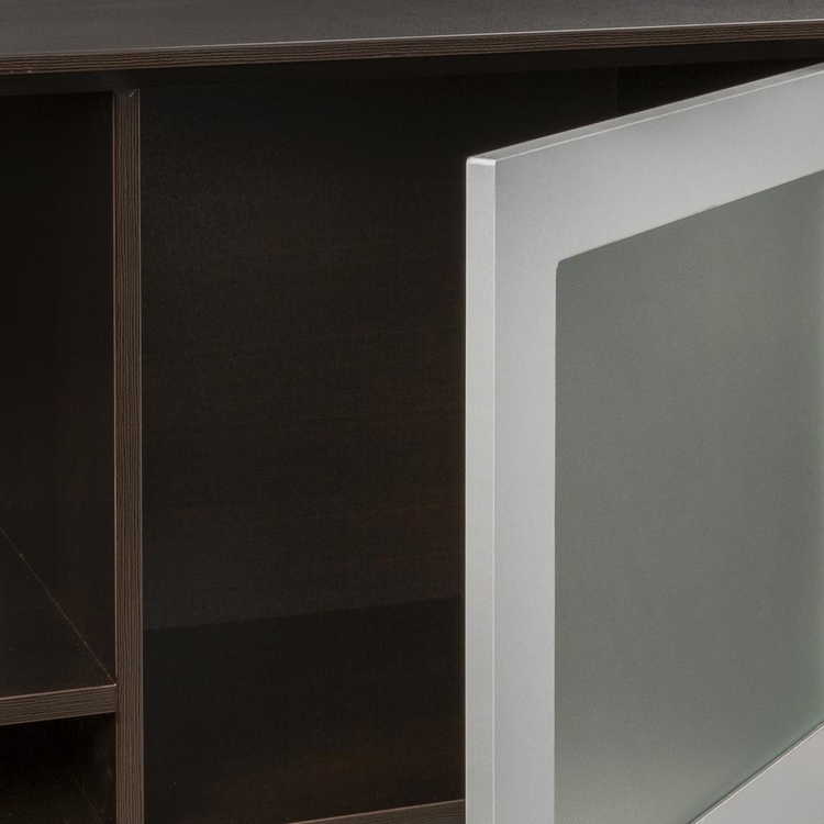 a white door open to a dark brown shelf