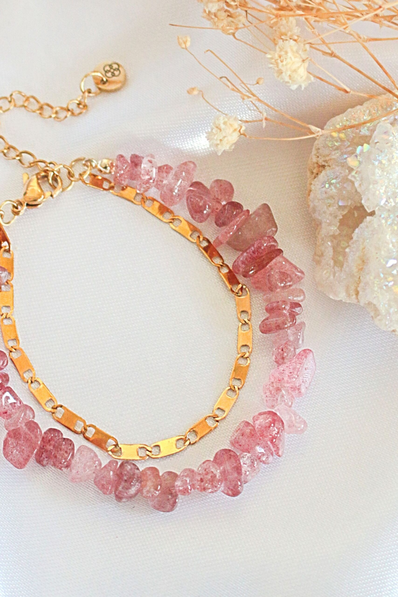 "Waikiki" | Strawberry Quartz & 24K Double-Layered Bracelet