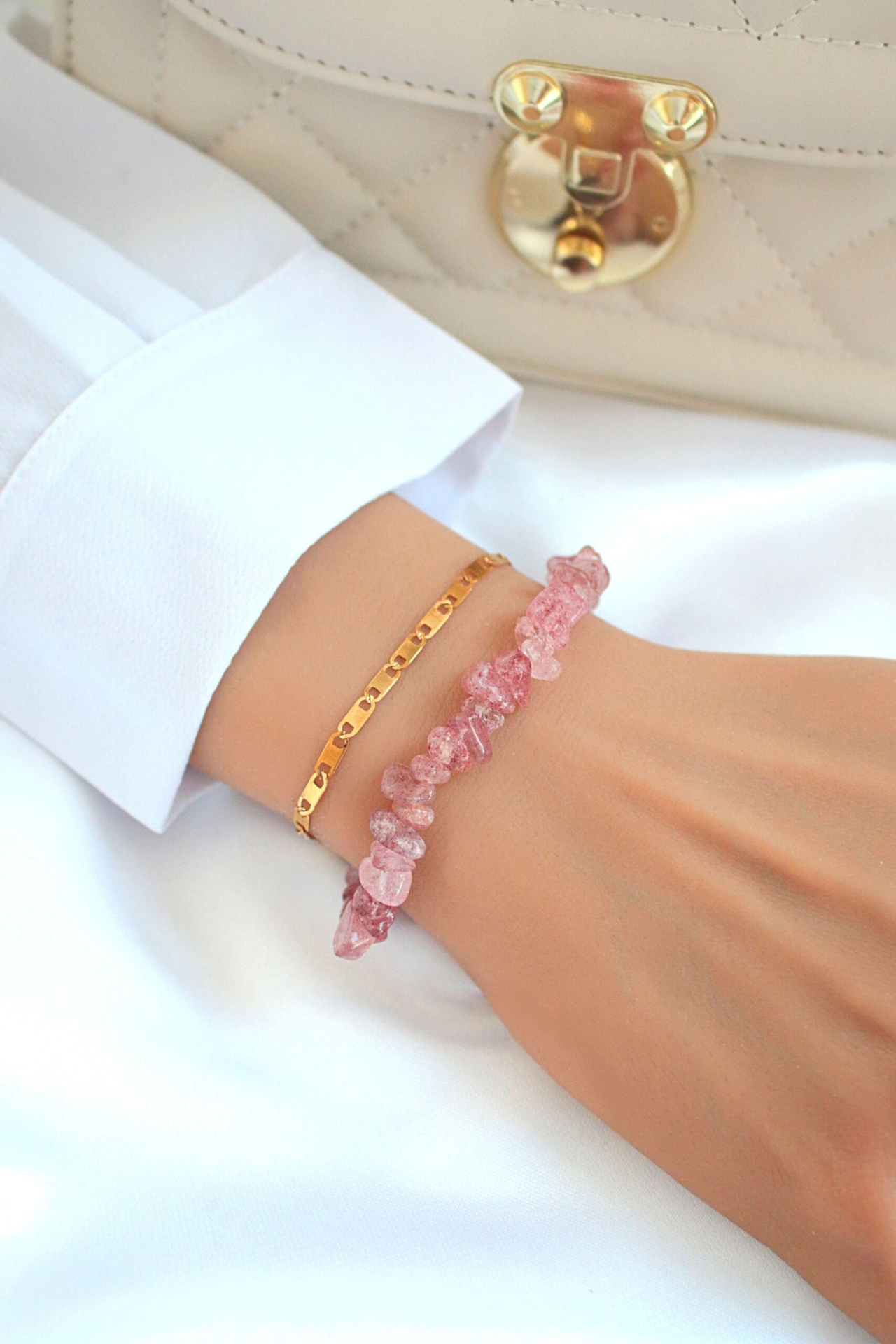 "Waikiki" | Strawberry Quartz & 24K Double-Layered Bracelet
