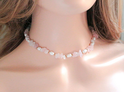 "Luau Party" | Natural Rose Quartz Crystal & Freshwater Pearls Choker