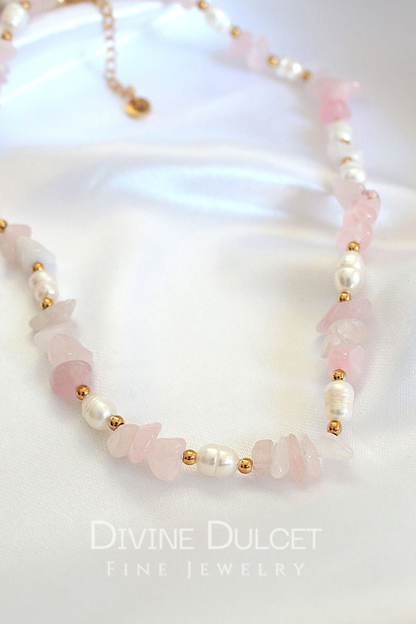 "Luau Party" | Natural Rose Quartz Crystal & Freshwater Pearls Choker