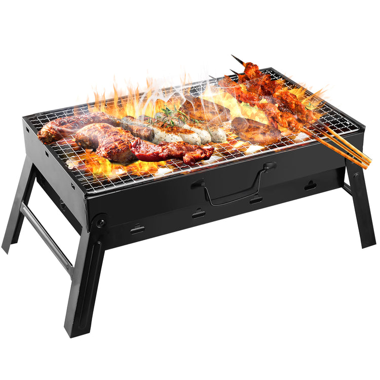 a grill with meat and flames