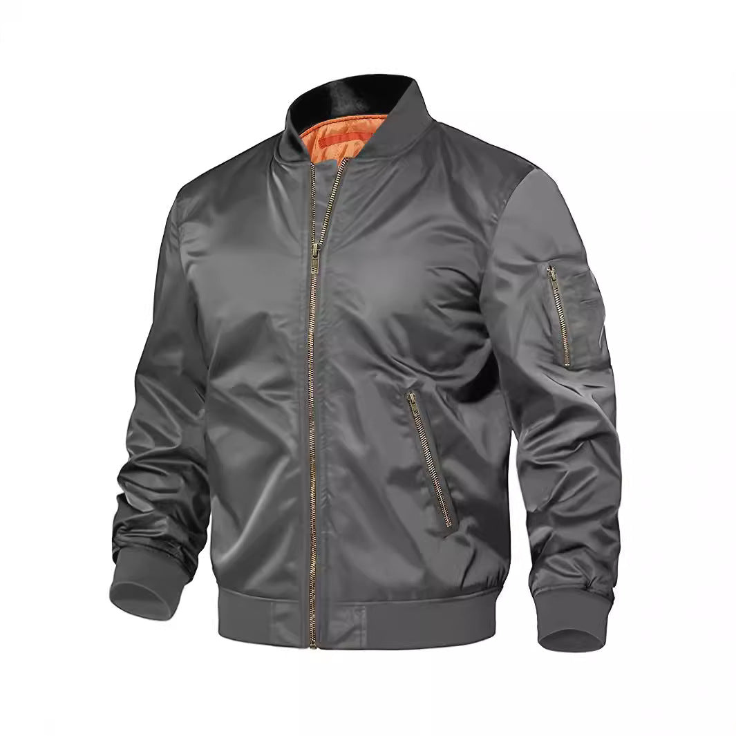 a grey jacket with orange lining