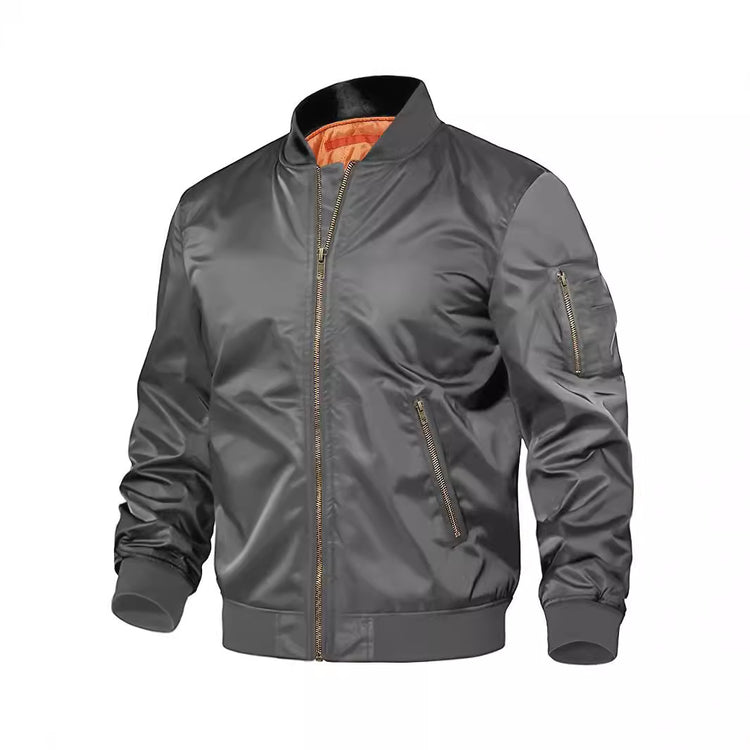 a grey jacket with orange lining