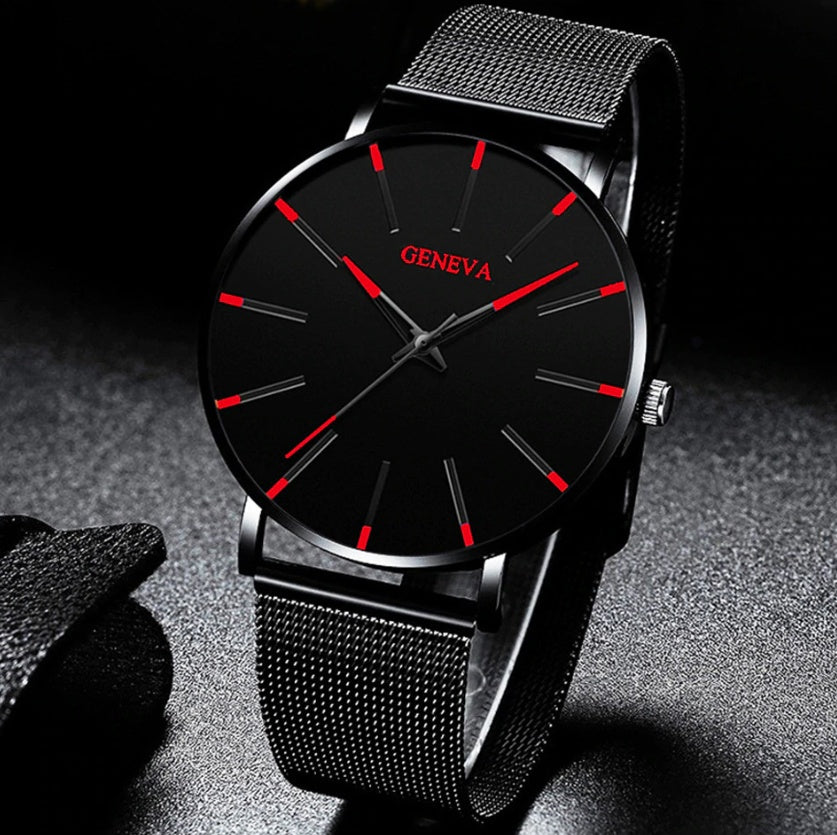 a black watch with red stripes