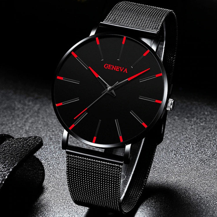 a black watch with red stripes