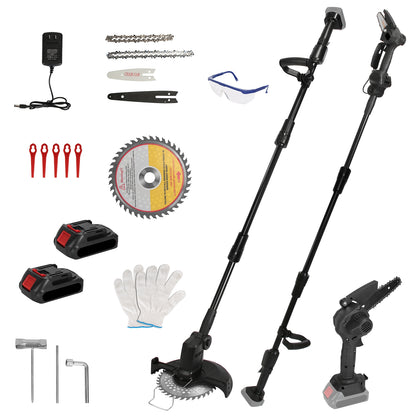 1Set 3-in-1 Cordless Electric Pole Saw Mini Chainsaw Grass Trimmer Kit With Adjustable Length 2Pcs 21V 1500mAh Batteries 4in 6in Chains Saw Blade 5Pcs Plastic Blades Fedex Shipping
