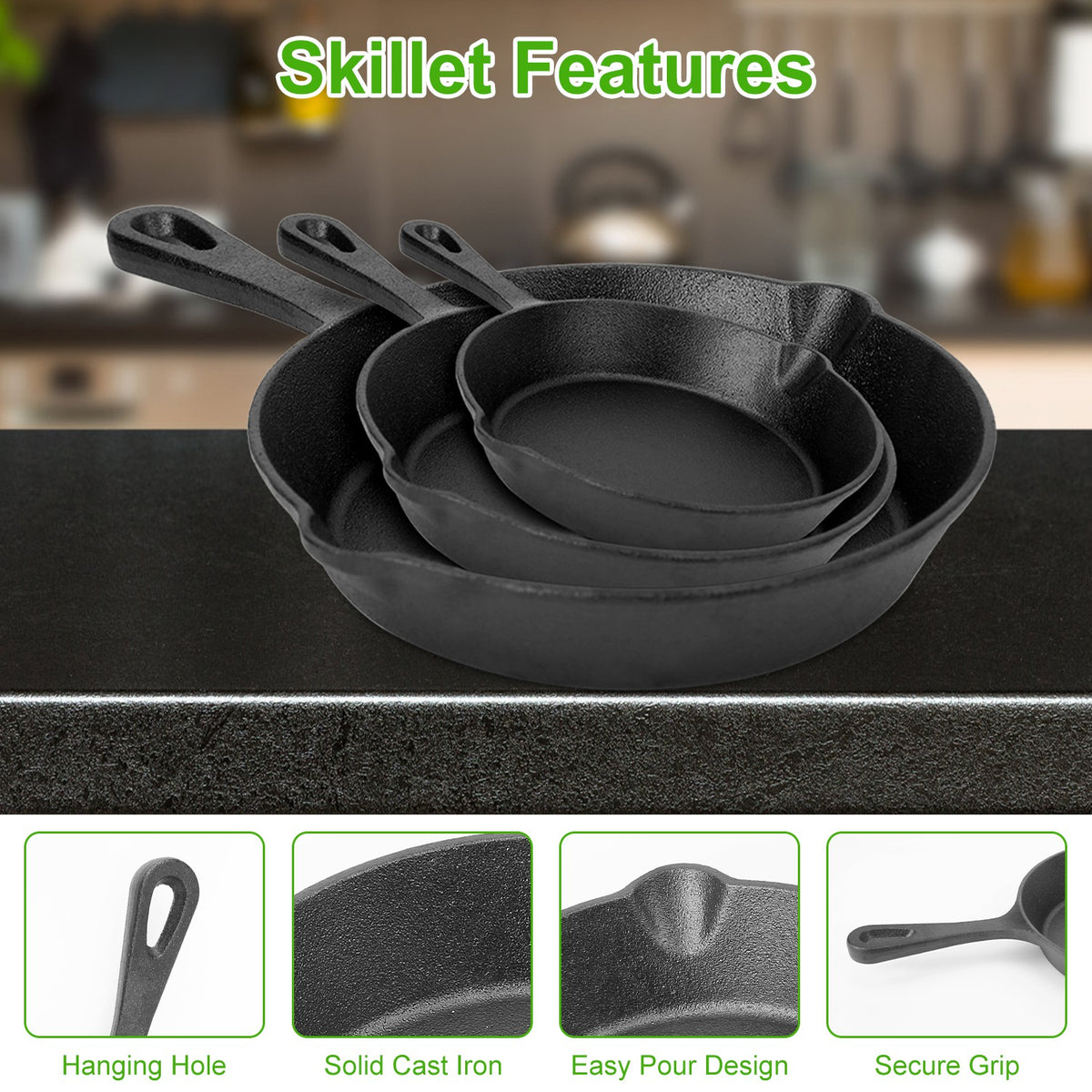 a group of cast iron pans
