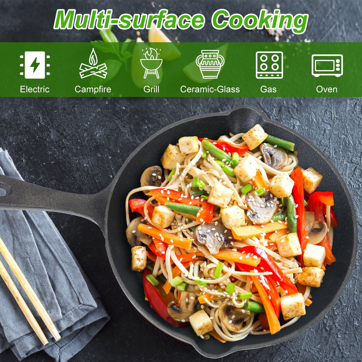 a pan of food with chopsticks and text