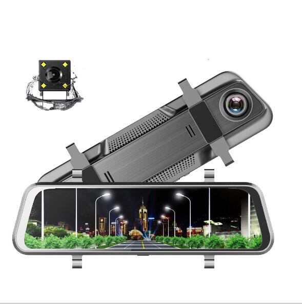 a video camera with a camera attached to the rear view mirror