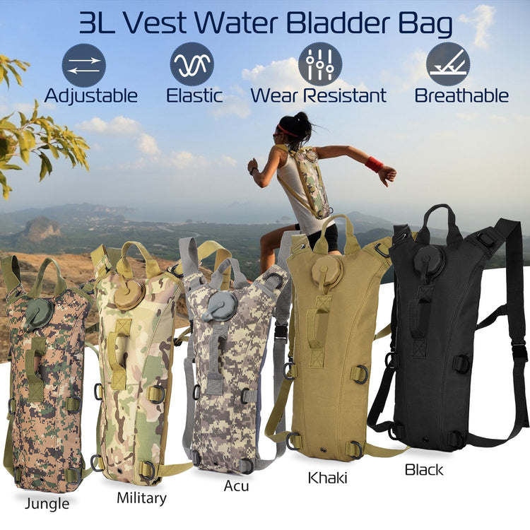 a woman standing on a group of water bladder bags