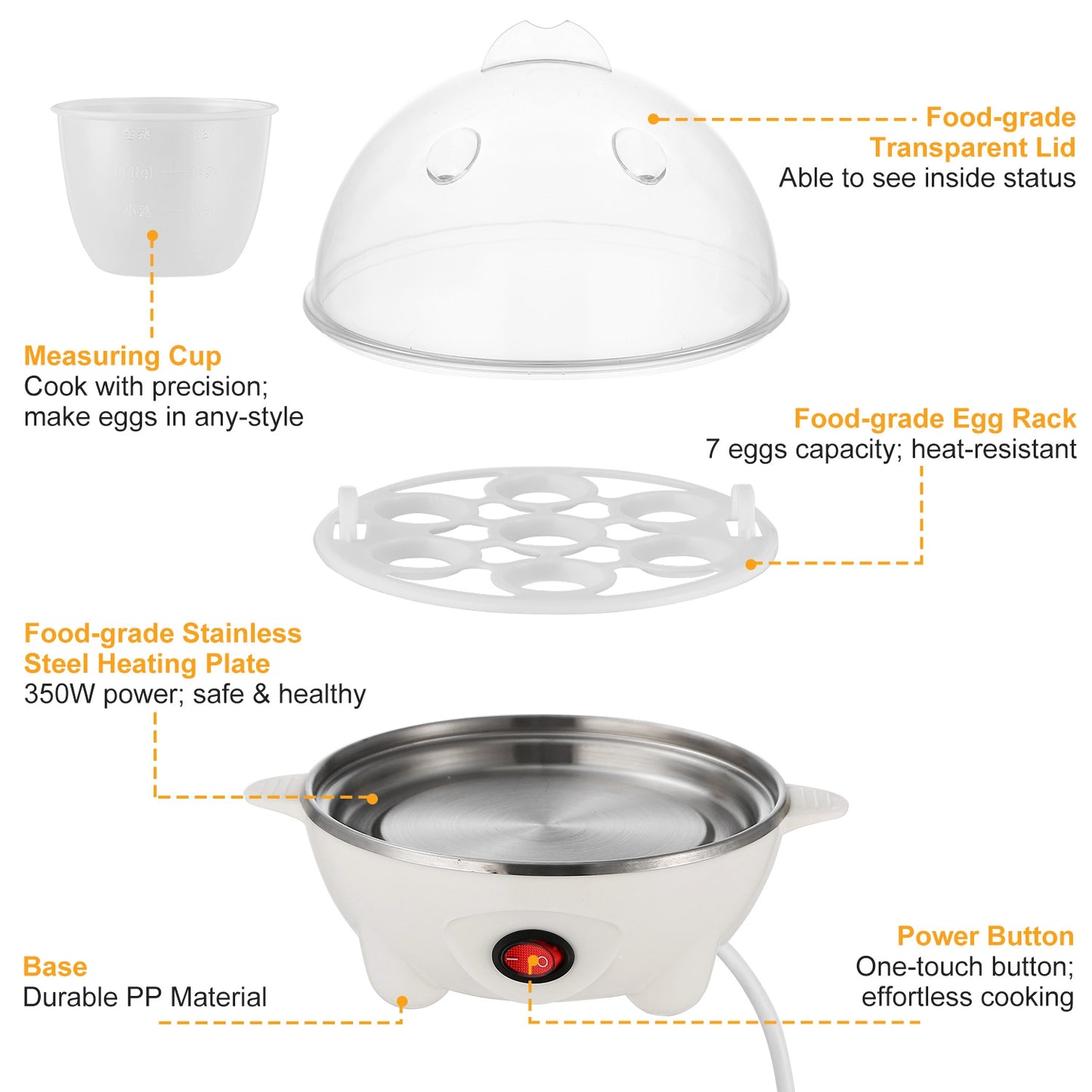 1Pc Electric Egg Cooker 7-Capacity Hard-Boiled Egg Maker With Auto-Off Measuring Cup For Hard Boiled Steamed Vegetables Seafood Dumplings