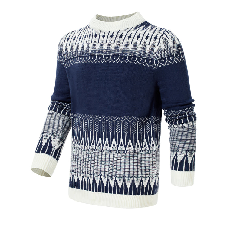 a blue and white sweater