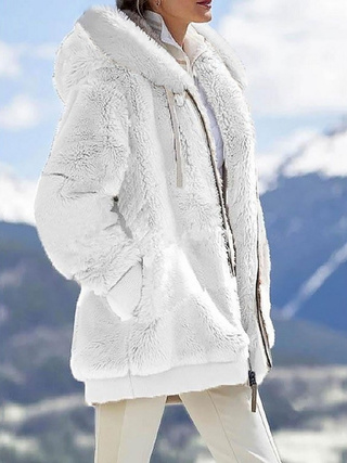 Fall And Winter Loose Plush Long Sleeves With Zippered Pockets And Hooded Warm Jacket