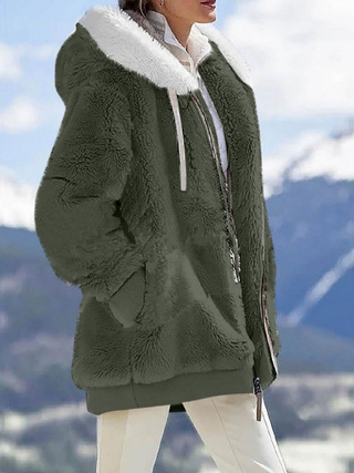 Fall And Winter Loose Plush Long Sleeves With Zippered Pockets And Hooded Warm Jacket