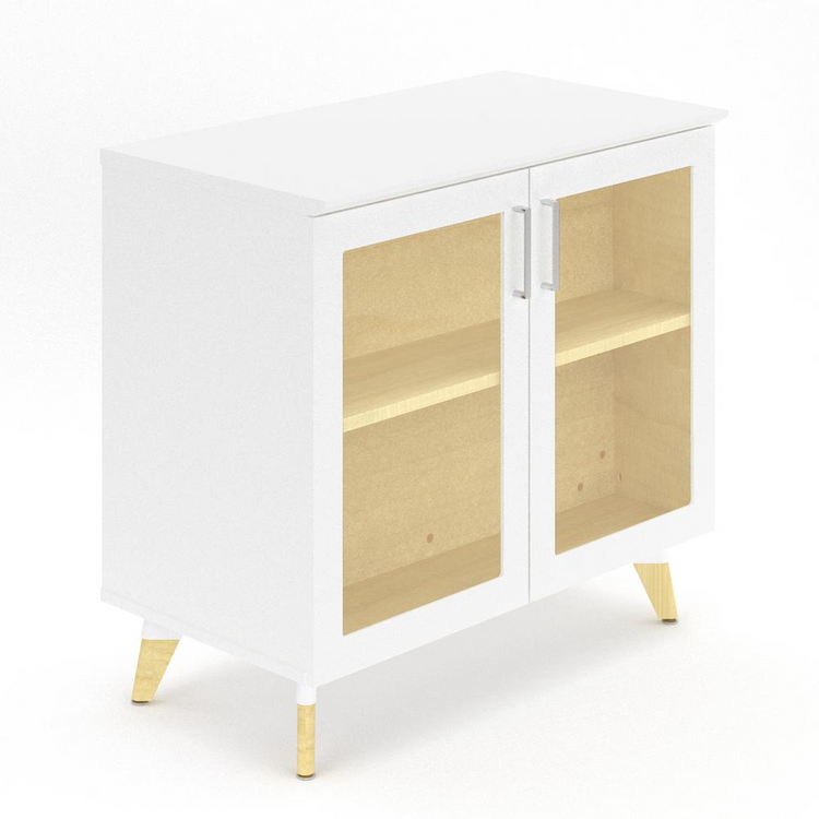 a white cabinet with glass doors