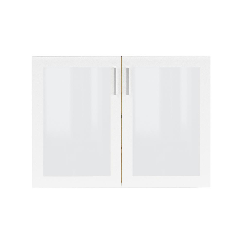 a white cabinet with glass doors
