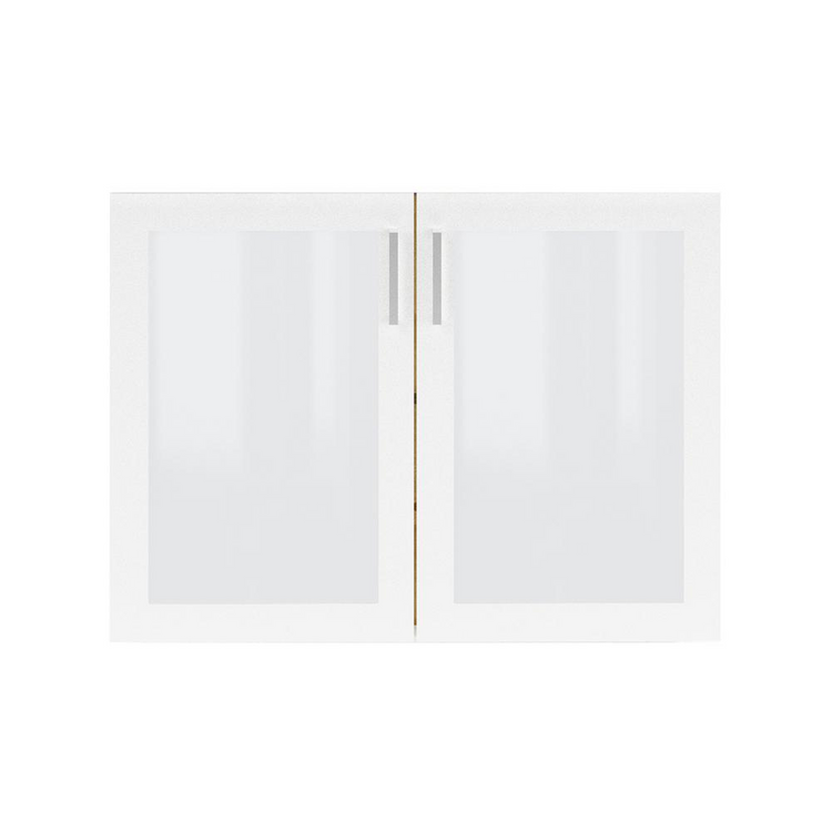 a white cabinet with glass doors