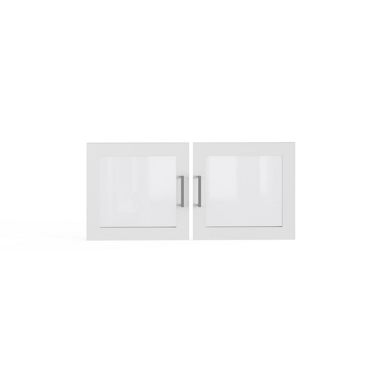 a white cabinet doors with glass doors