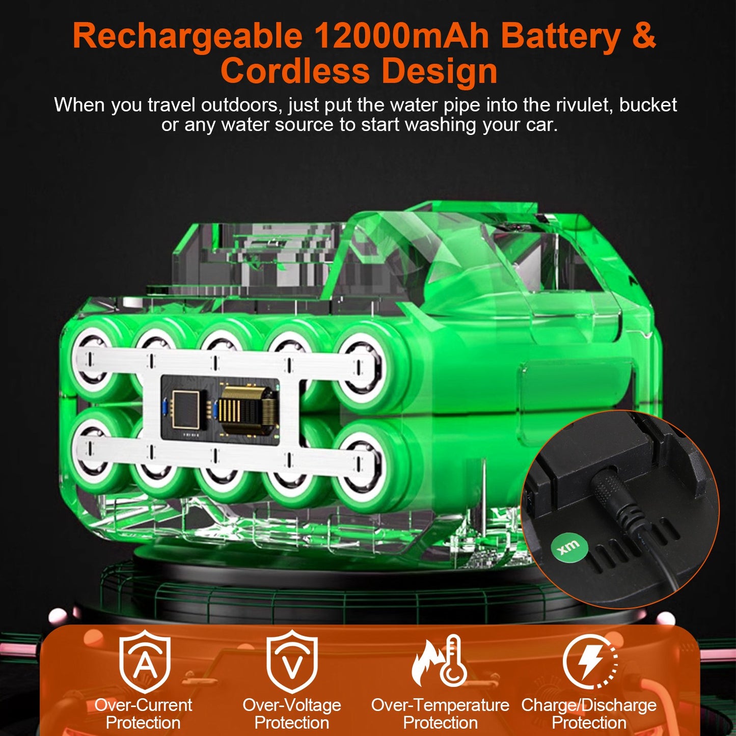 Cordless Pressure Washer Portable Electric Power Washer High Pressure Water Sprayer 363PSI Car Washer Cleaner With 12000mAh 48V Rechargeable Battery And Charger 2 Nozzles