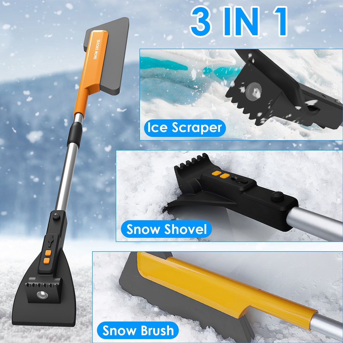 a collage of snow shovels