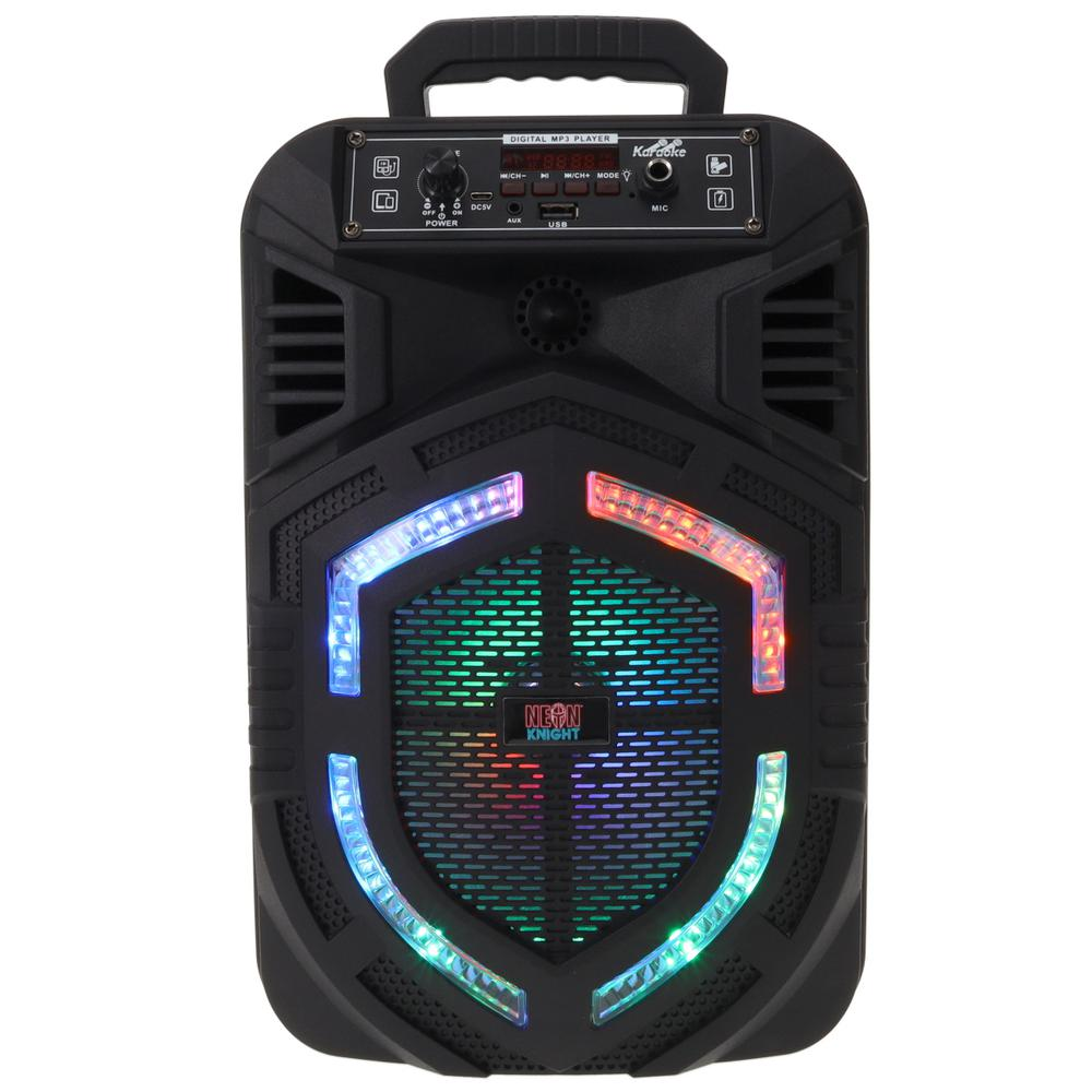 a black speaker with colorful lights