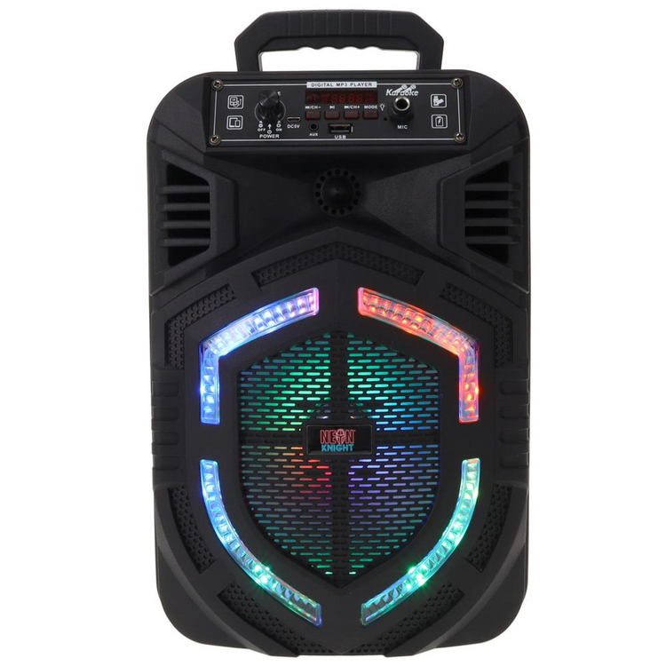 a black speaker with colorful lights