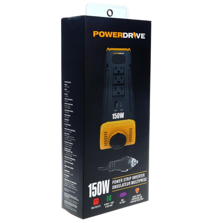 a black box with a yellow and black power strip