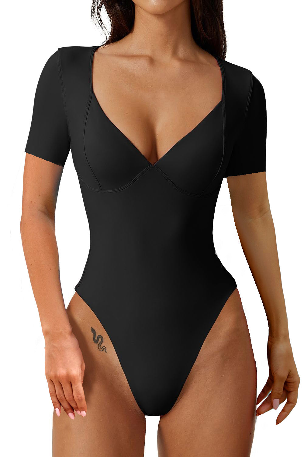 a woman wearing a black bodysuit