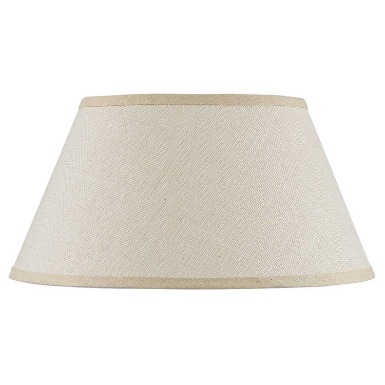a white lamp shade with a tan border