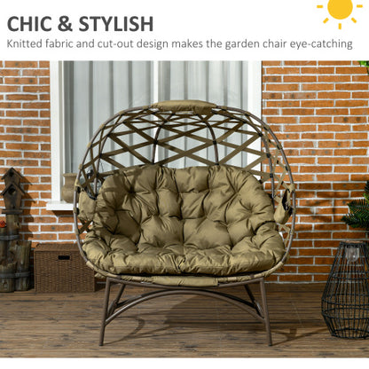 Outsunny 2 Seater Egg Chair Outdoor, Folding Weave Garden Furniture Chair With Cushion, Cup Pockets - Khaki