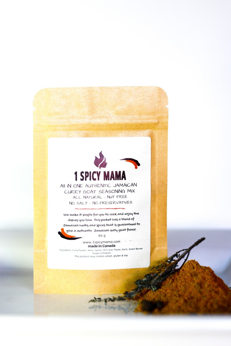 a brown bag with a white label and a pile of spices