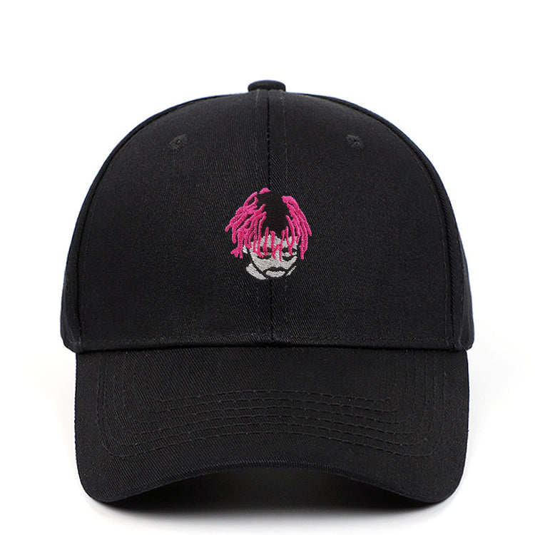 a black hat with pink hair on it