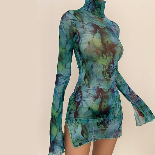 Mesh Printed Round Neck Bell Sleeve Mini Dress