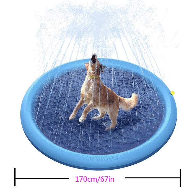 a dog in a blue pool with water sprinklers