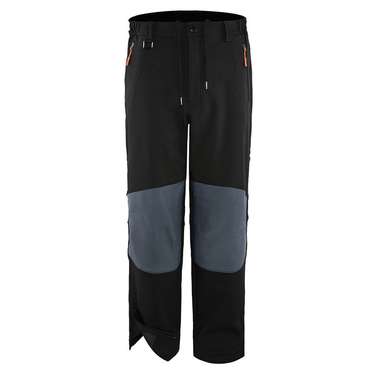 a pair of black pants with grey patches
