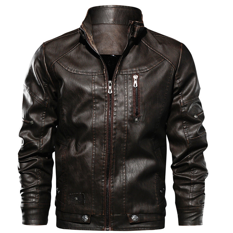 a brown leather jacket with a white background