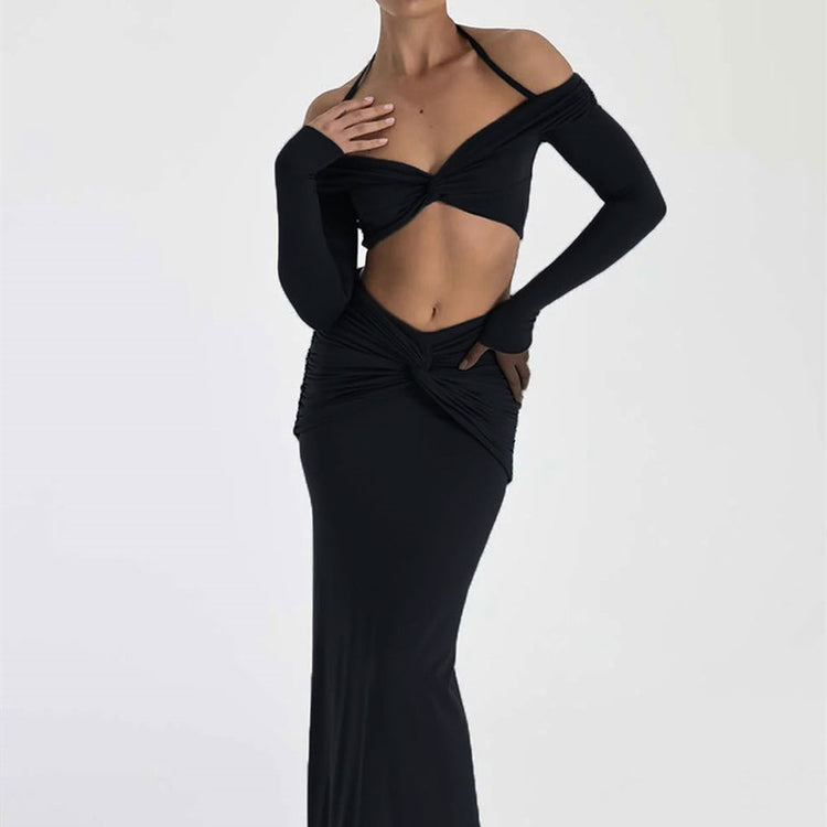 a woman in a black dress