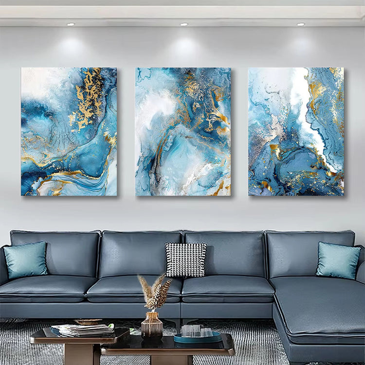 a blue and gold artwork on a wall
